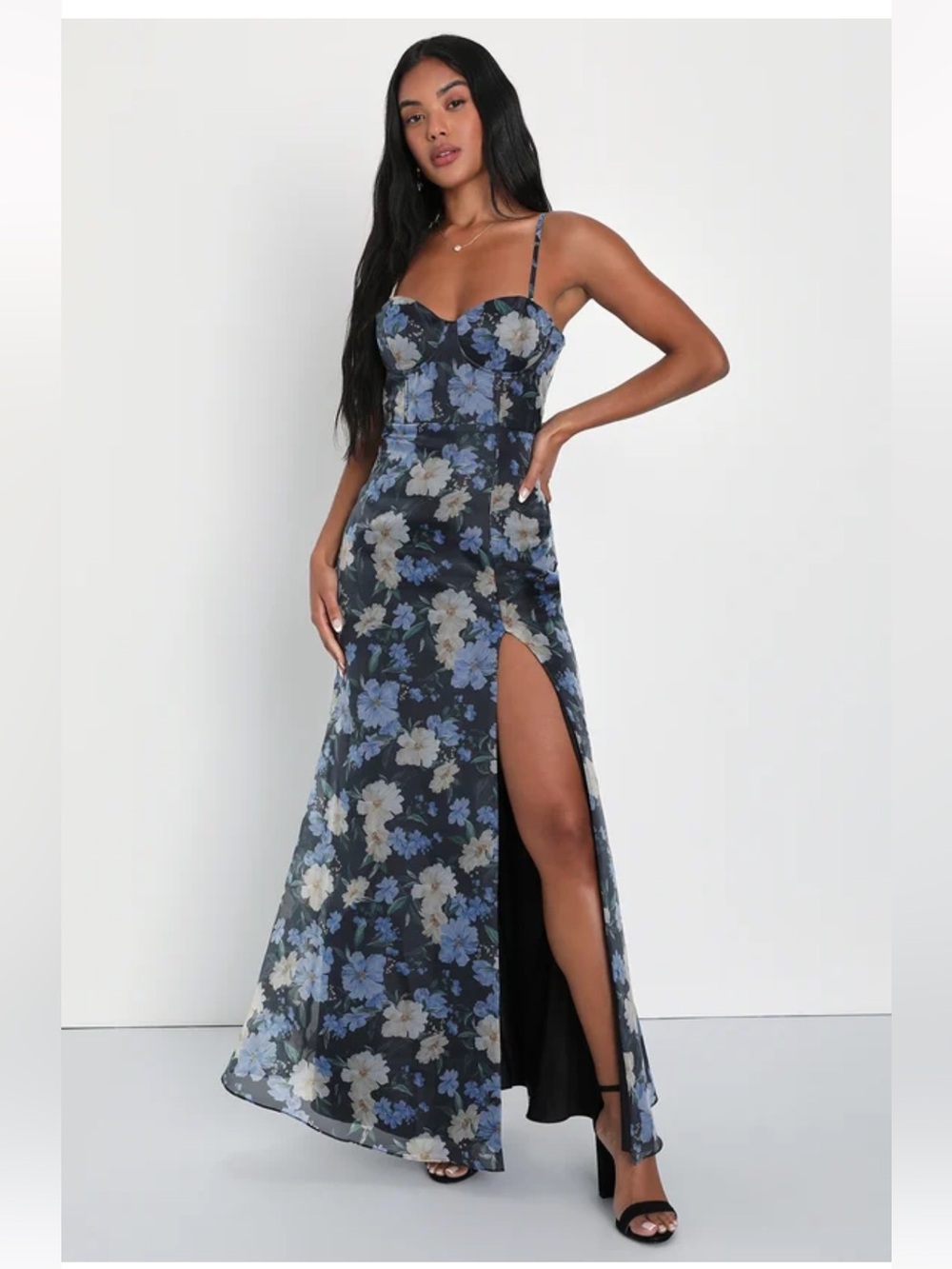 Lulu's Black Floral Print Bustier Maxi Dress